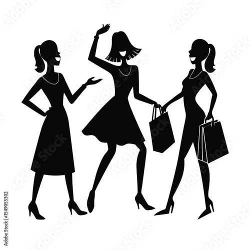 Three happy women celebrating and shopping in stylish black silhouette art vector illustration