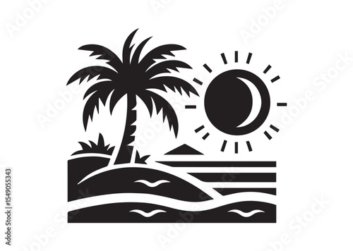 Beach with Palm Tree Silhouette Vector Illustration