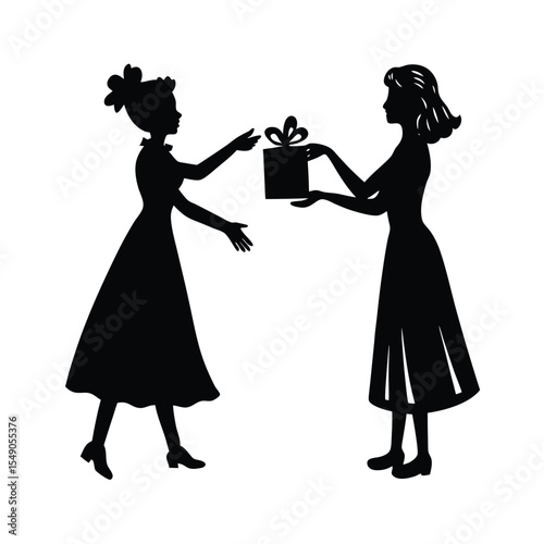 Two elegant women exchanging a gift silhouette art illustration on a clean white background