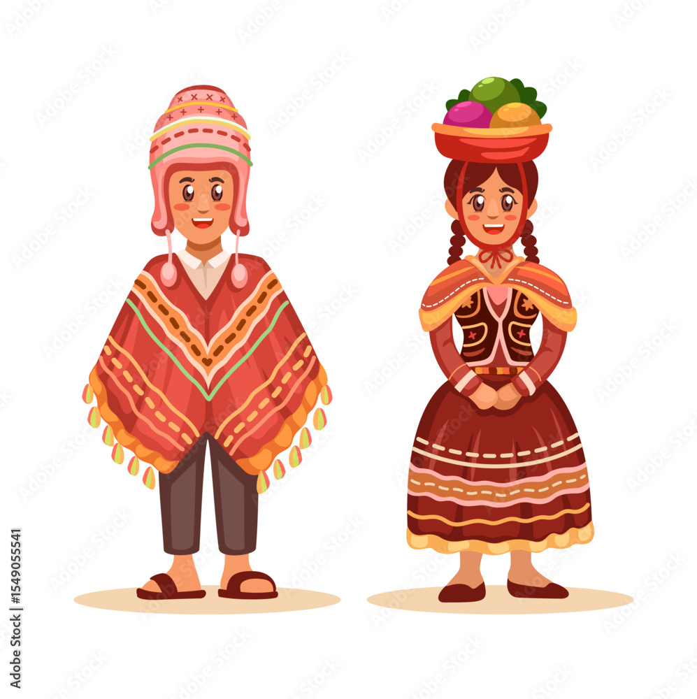 Obraz premium Traditional Peruvian Clothing Couple Set Cartoon Illustration Vector