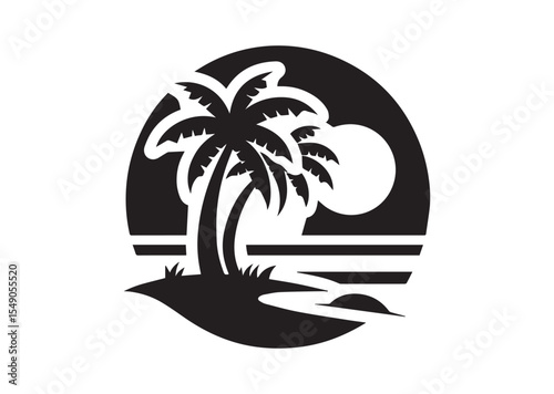 Beach with Palm Tree Silhouette Vector Illustration