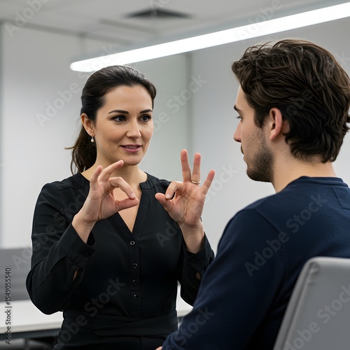 A sign language interpreter helping a deaf person communicate