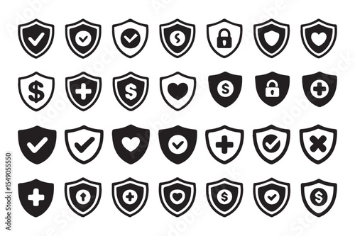 Security Shield Icon Set with Check Heart Dollar Cross and Lock Symbols