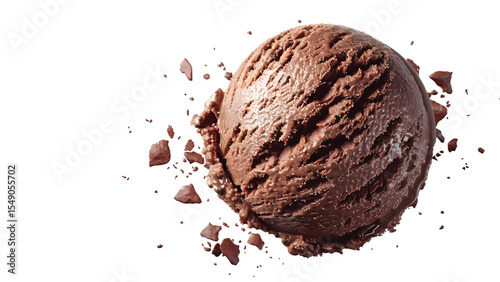 Rich dark chocolate ice cream scoop with scattered chocolate chunks, indulgent treat on a transparent background