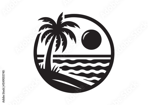 Beach with Palm Tree Silhouette Vector Illustration