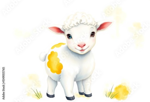 Adorable tiny white lamb with sunny yellow patch, watercolor style,  spring,  patch