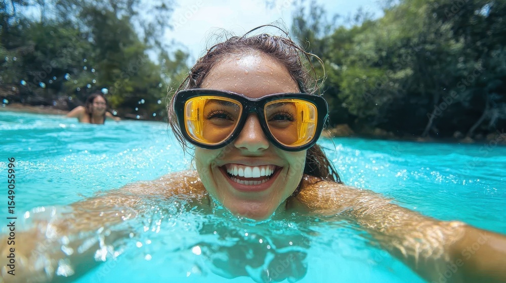 Fototapeta premium A joyful woman wearing goggles swims in a sparkling turquoise pool, showcasing a sense of adventure and freedom while enjoying a moment of relaxation in nature's beauty.