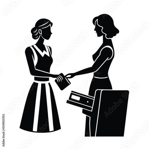Two women in silhouette art exchanging a document in a professional office environment
