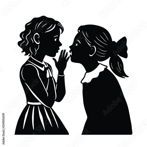 Two young girls sharing a secret whispering intimate gossip silhouetted against a white background