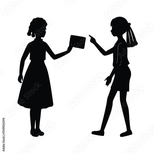Two women interacting silhouetted with tablet device in a simple clean black and white silhouette art