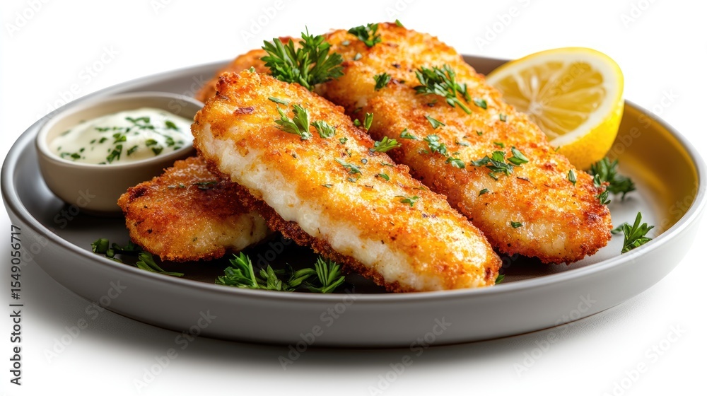 Fresh parsley and lemon slice with crispy schnitzel on a plate, adding a vibrant, tangy note to the golden coating. Fresh parsley and lemon slice with crispy schnitzel on a plate, adding a vibrant, tangy note to the golden coating.