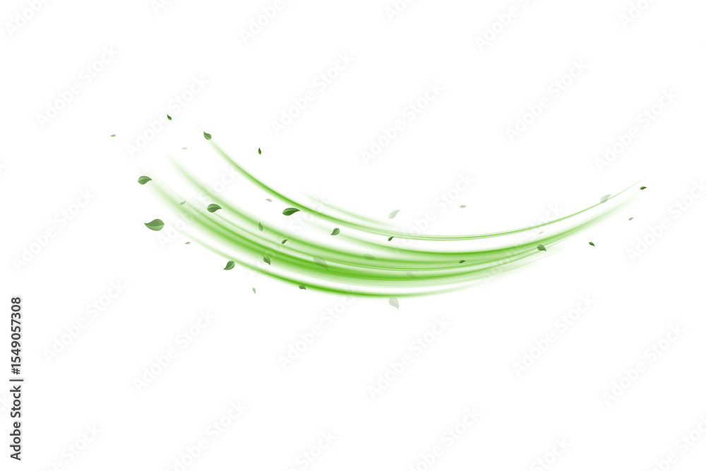 Obraz premium Abstract wind swirls with green leaves and glitter isolated on white background.PNG