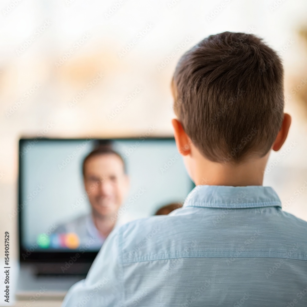 Fototapeta premium A child participates in a video call, facing a laptop screen showing a blurred adult, highlighting remote communication.