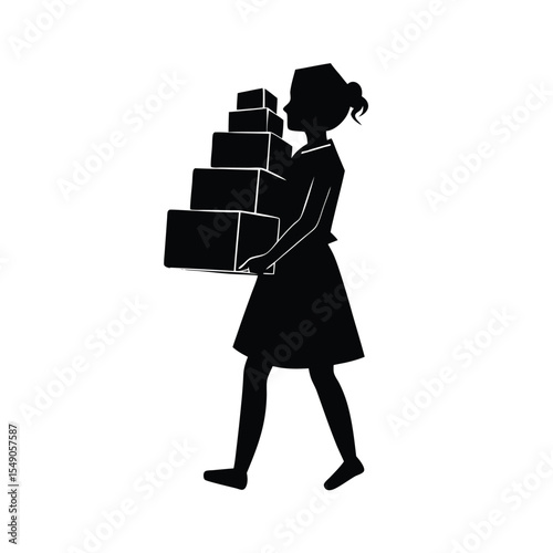 Woman silhouette carrying several boxes illustrating packages shipment delivery or moving