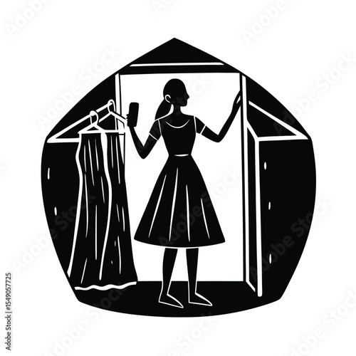 Woman silhouette selecting dress from her wardrobe using a smartphone in a minimalist style