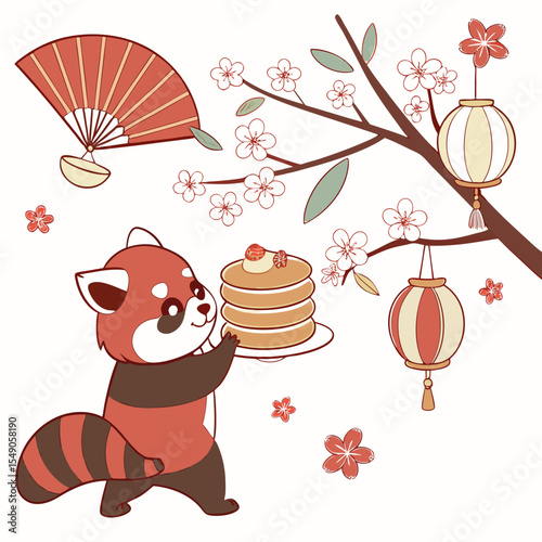 Cute SVG of a Shy Red panda in Sakura Breeze colors, featuring balancing a stack of pancakes in a Cherry Blossom Festival setting
