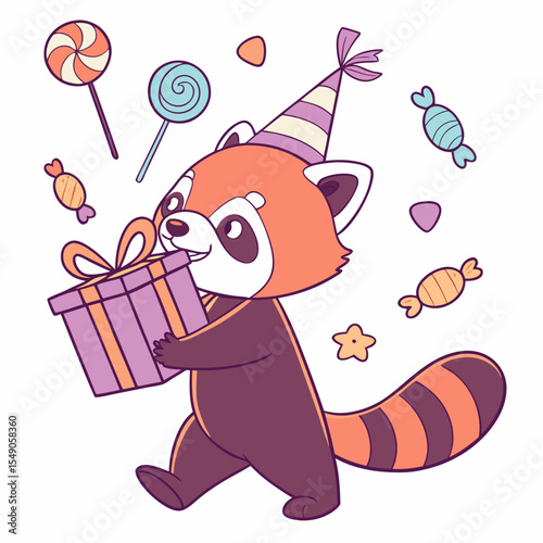 An adorable Red panda with a Cheerful vibe, carrying a gift box, and a Candy Shop Birthday theme – SVG style