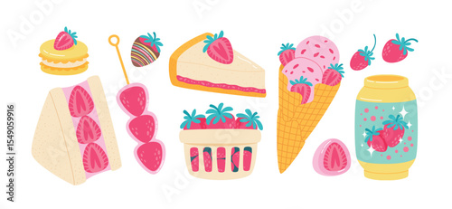 Strawberry desserts set. Various sweet food with strawberry flavor. Flat style sweet vector illustrations collection isolated