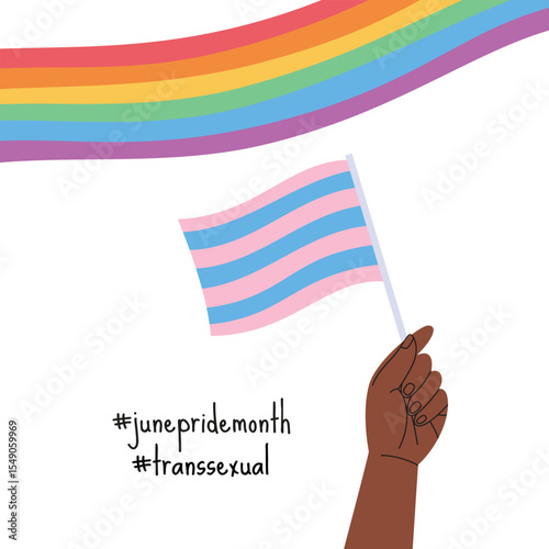 A hand holding transsexual pride flag. LGBT pride month square banner. Vector illustration for an annual celebration of gender diversity