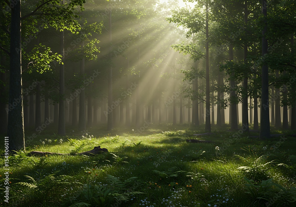 Fototapeta premium Sunlight streaming through a lush green forest in the early morning, creating magical rays across mossy ground, ferns, and wildflowers. Peaceful nature scene evoking serenity and connection.