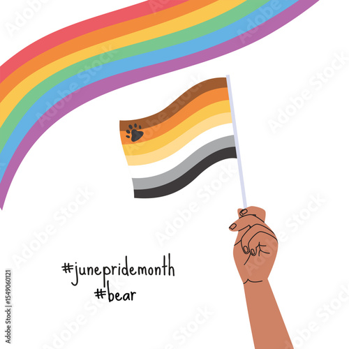 A hand holding bear pride flag. LGBT pride month square banner. Vector illustration for an annual celebration of gender diversity