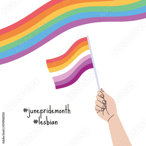 A hand holding lesbian pride flag. LGBT pride month square banner. Vector illustration for an annual celebration of gender diversity