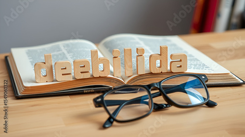 debilidad palabra o concepto representado por baldosas de letras de madera sobre una mesa de madera con gafas y un libro