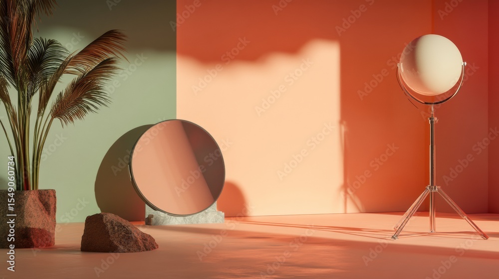 Fototapeta premium Boho interior with mirror and decorative lamp in warm shadows stylish cozy minimal home decor composition