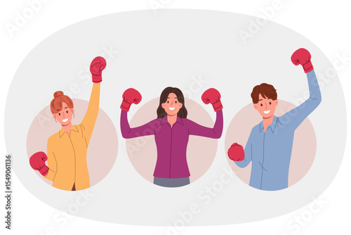 Business people in boxing gloves sense leadership ambitions and raise hands up, rejoicing in achieving goals. Three happy office workers celebrate joint victory due to career ambitions.