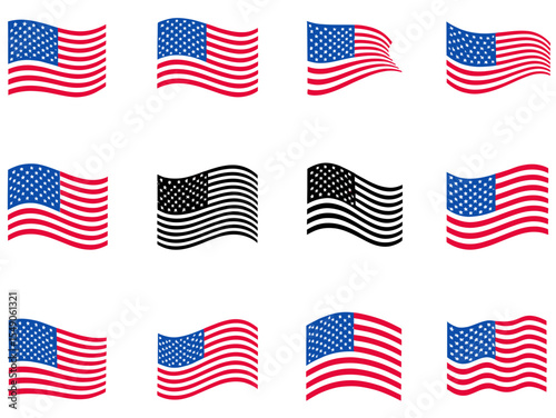 Set of American flags, collection of flags of the USA, United States, vector in png, transparent background