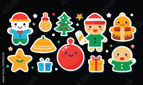Cute christmas characters and festive elements sticker set
