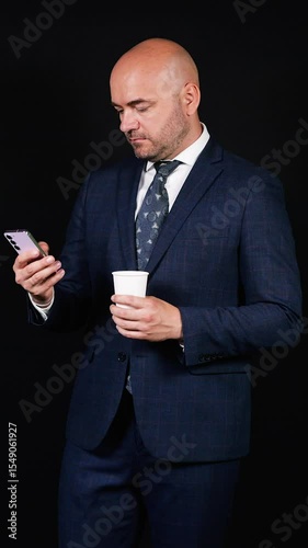Businessman using smartphone and holding coffee on black background