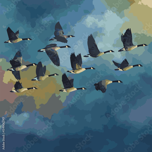 Flock of Canada Geese in Flight Against a Vibrant Multicolor Sky – Wildlife Vector Art
