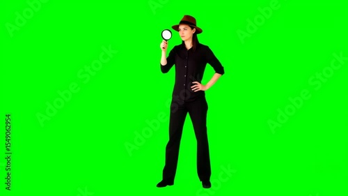 Detective examining clues in a green screen setting with a magnifying glass for mystery solutions and storytelling