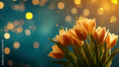 Orange tulip flower with green leaf and bokeh light background bright warm floral bloom glowing effect bouquet petals spring nature beauty vibrant color fresh dew drops garden plant close up