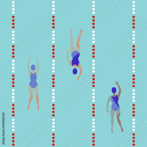 Swimming pool and swimmers top view.