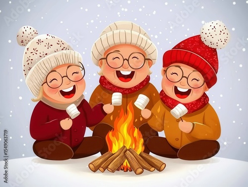 Three Cheerful Children Enjoying Marshmallows by a Winter Fire
