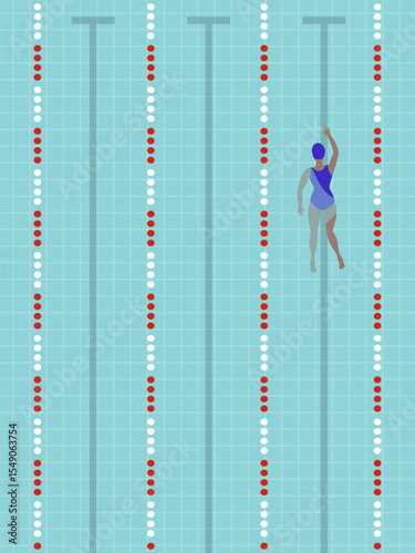 Swimming pool with lanes, top view, one swimmer.