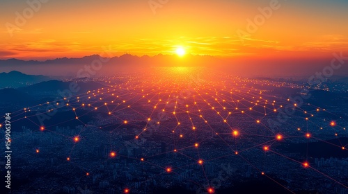 Network connection technology at sunrise over city skyline futuristic digital background