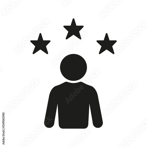 Person With Stars Solid Icon. Customer Satisfaction, Quality Rating, And User Experience Silhouette Symbol. Feedback And Evaluation Concept. Isolated Vector Illustration