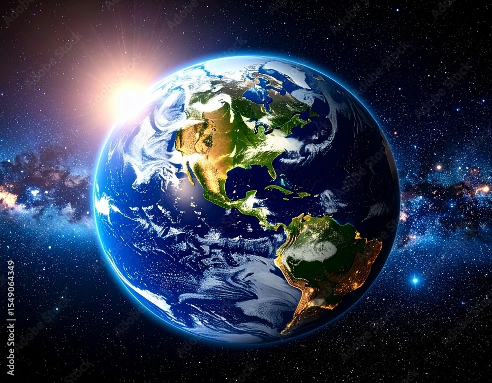 Fototapeta premium High-resolution photorealistic depiction of Earth viewed from space, showing detailed continents and oceans with atmospheric glow