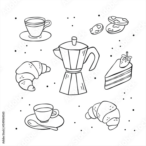 Moka pot, coffee maker, croissant, cake, cookies, cups of coffee. Food and drinks illustartion set. Hand drawn vector illustration, balck and white minimalist drawing.