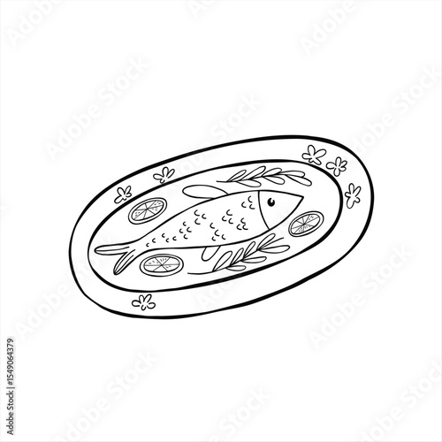 Fish served on a plate with herbs and lemon. Food illustartion. Hand drawn vector illustration, balck and white minimalist drawing.