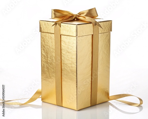 Tall rectangular gift box with gold foil wrapping, white background