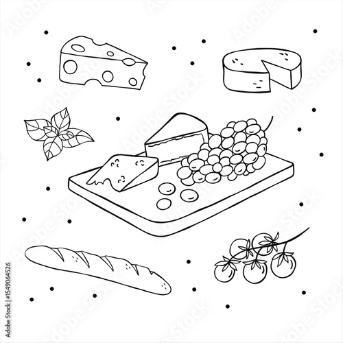 Variety of cheese, baguette, bread, cherry tomatoes, basil, grapes on a wooden board. Food illustartion set. Hand drawn vector illustration, balck and white minimalist drawing.
