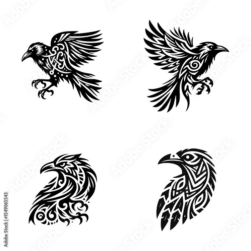 raven tribal modern simple vector black white professional isolated white background