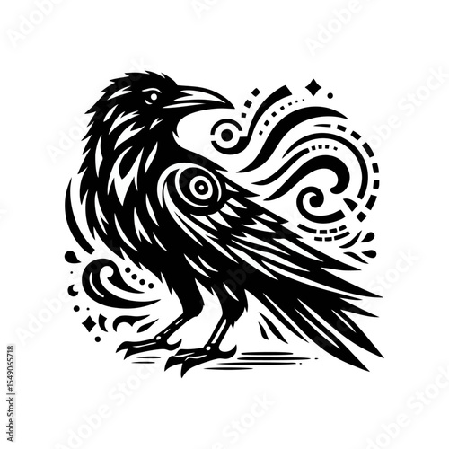 raven tribal modern simple vector black white professional isolated white background