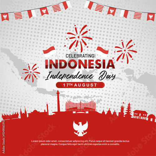 Beautiful 80 years Indonesia Independence Day 2025 greeting template and background with famous landmarks silhouette and festive decoration elements. Dirgahayu Indonesia 2025 vector illustration
