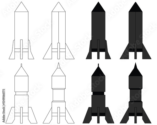 vector rocket or missile various shapes with line art style and bold art style
