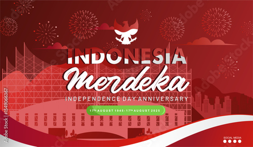Beautiful 80th Anniversary of Indonesia Merdeka or Independence Day banner and background template with Nusantara capital city palace and festive fireworks celebration. Dirgahayu RI 80th 2025 template